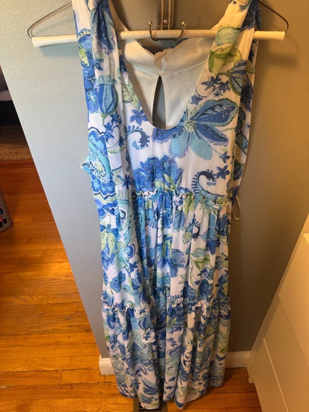 Nicole Miller Blue and Green Floral Sleeveless Tiered Dress